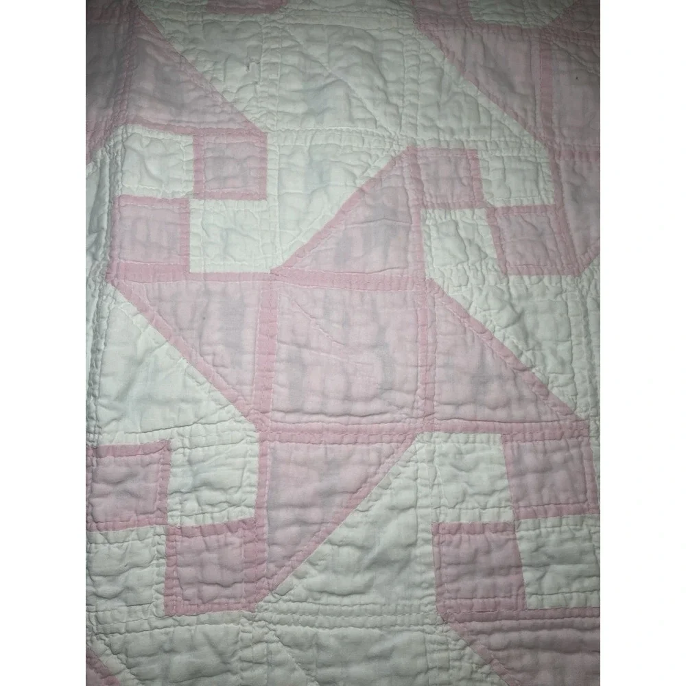 VTG ANTIQUE HANDMADE QUILT 69x69 Drunkard's Path Pink White Cottage 1920's Loved